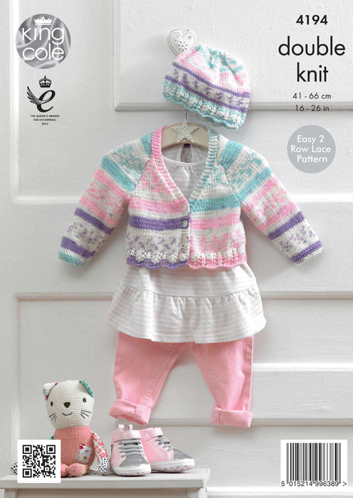 King Cole 4194 Double Knitting Pattern - Baby DK Cardigans & Hat - Easy Lace (16-26in)