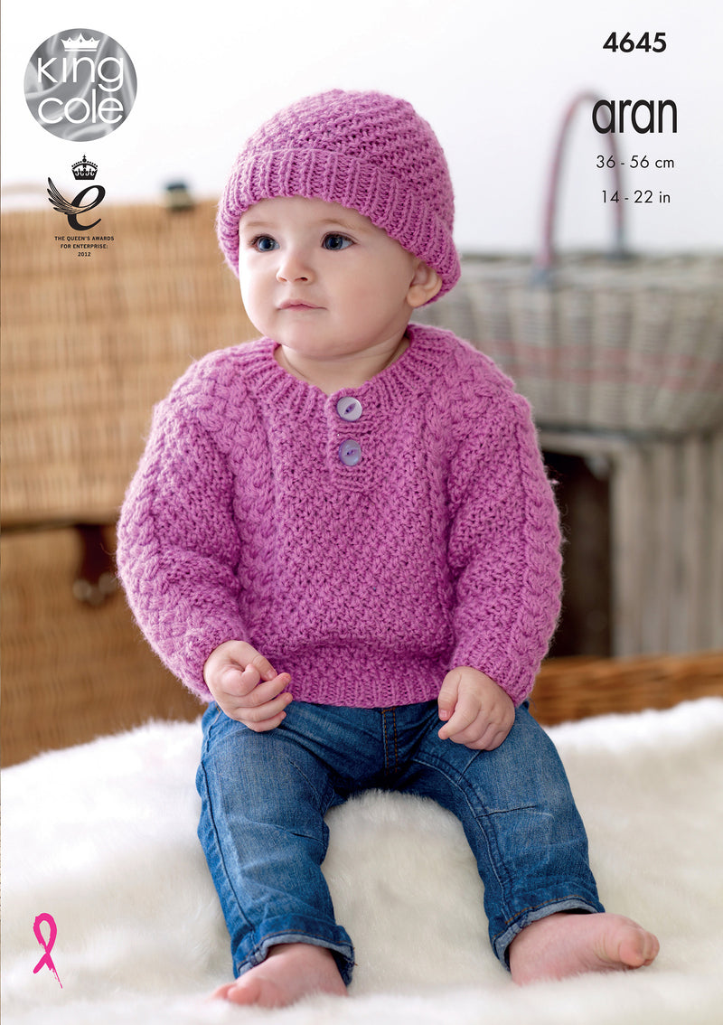 King Cole 4645 Baby Sweater, Trousers, Hat & Mittens Aran Knitting Pattern (14-22in)