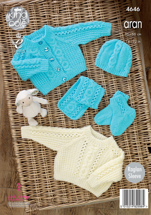 King Cole 4646 Baby Sweater, Cardigan, Hat, Scarf & Bootees Aran Knitting Pattern (14-22in)
