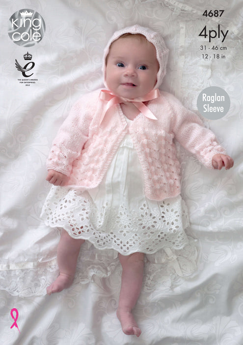 King Cole 4687 4Ply Knitting Pattern - Baby Matinee Coats, Bonnet, Hat & Bootees (Prem - 9mnths)