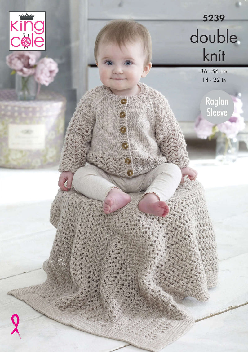 King Cole 5239 DK Knitting Pattern - Baby Raglan Cardigan, Blanket & Hat (14-22in)