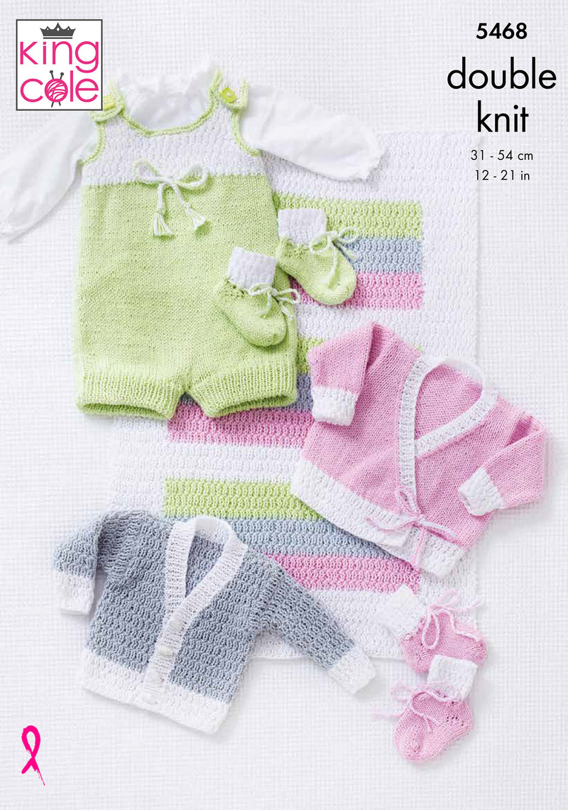 King Cole 5468 Baby Knitting Pattern - Cotton DK Romper, Cardigans, Bootees & Blanket (Prem to 2yrs)
