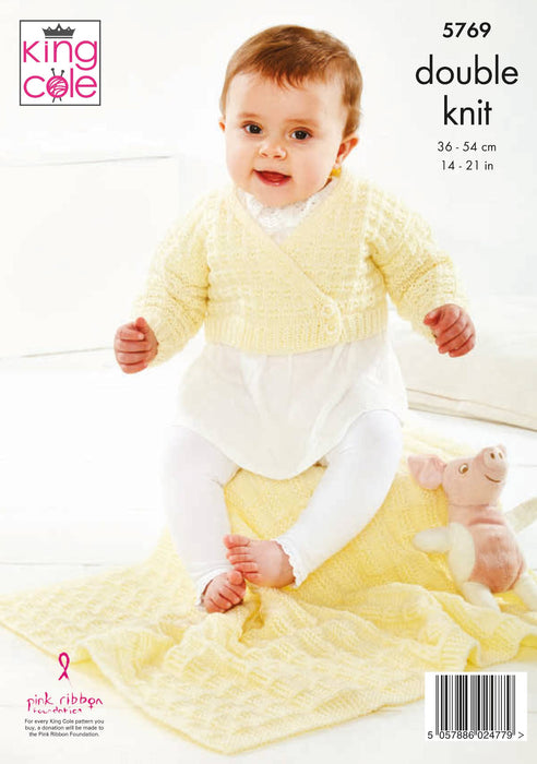 King Cole 5769 Double Knitting Pattern - Baby Crossover Cardigan, Hooded Jacket, Booties & Blanket (0 to 2 yrs)