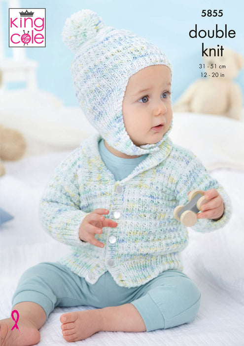 King Cole 5855 Double Knitting Pattern - Baby Dungarees, Jacket and Hat (Prem - 12mnths)
