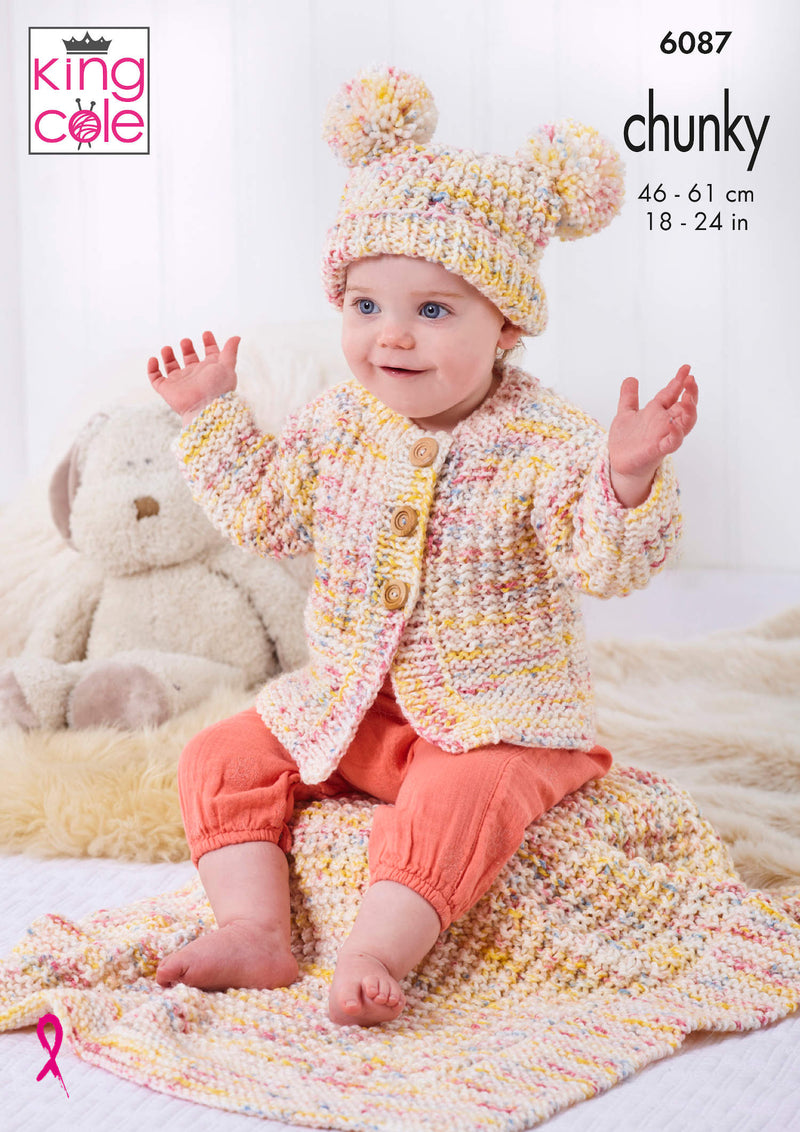King Cole 6087 Chunky Knitting Pattern - Jackets, Hat, Sweater, & Blanket for Children (6mnths to 6 years)
