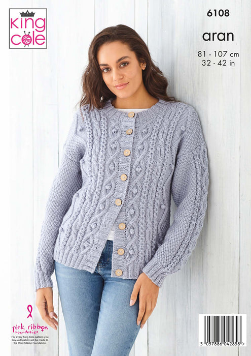 King Cole 6108 Aran Knitting Pattern for Ladies - Sweater and Cardigan