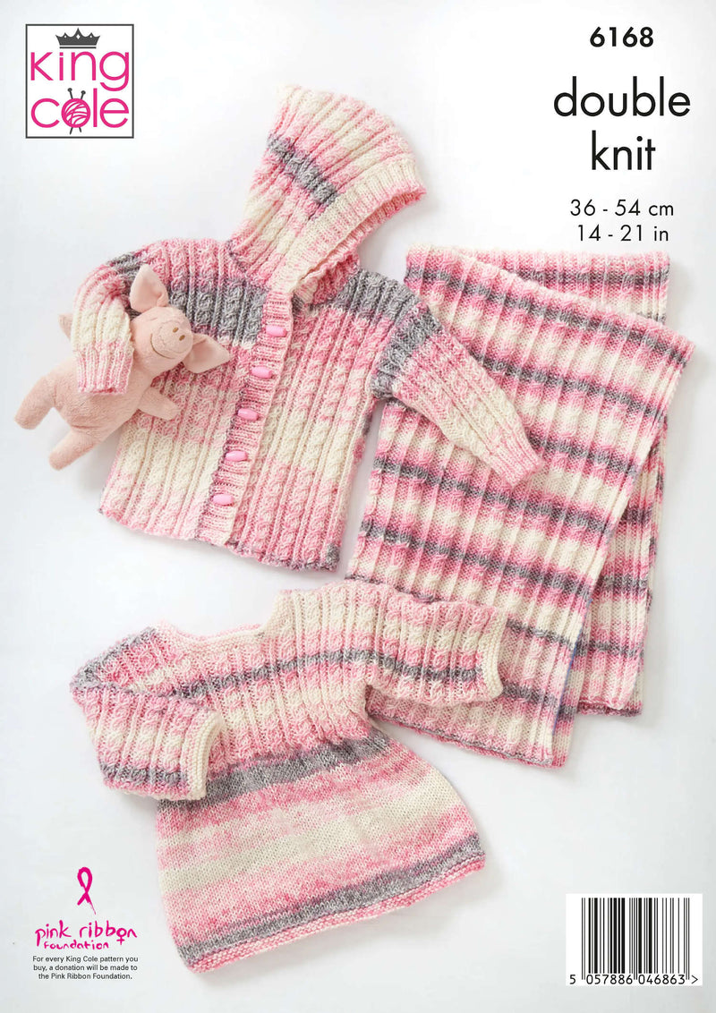 King Cole 6168 Double Knitting Pattern - DK Baby Hooded Jacket, Top, Matinee Coat & Blanket (0 - 18mnths)