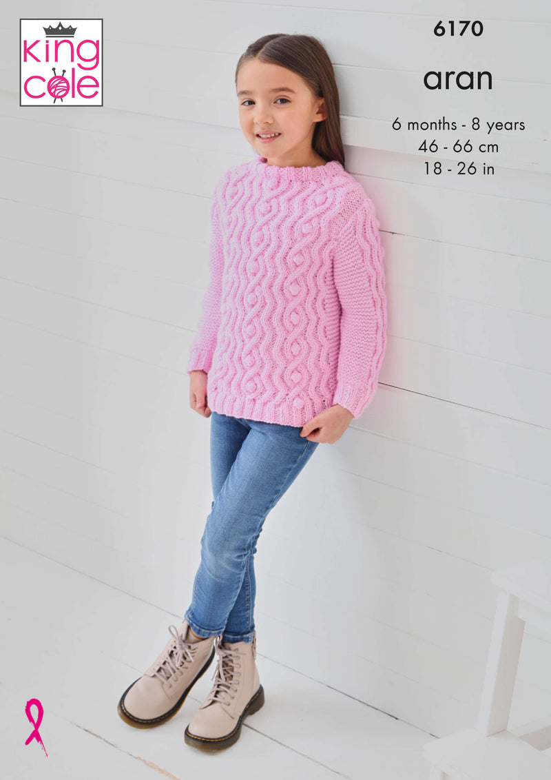 King Cole 6170 Aran Knitting Pattern - Sweater, Cardigan & Waistcoat for Babies & Children (6mnths-8yrs)