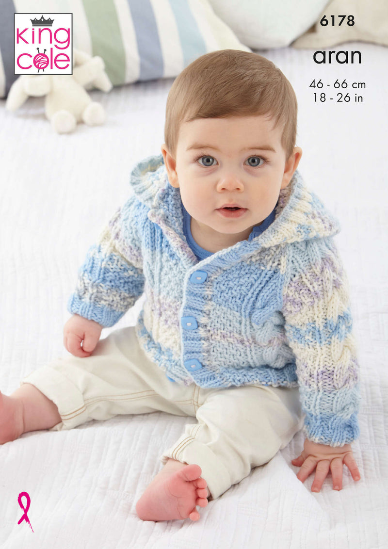King Cole 6178 Aran Knitting Pattern - Cardigans & Hat (6 mnths - 7 Yrs)