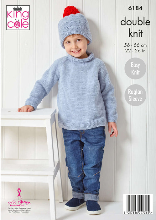 King Cole 6184 Double Knitting Pattern - DK Sweater, Cardigan & Hat (1-8 Years)