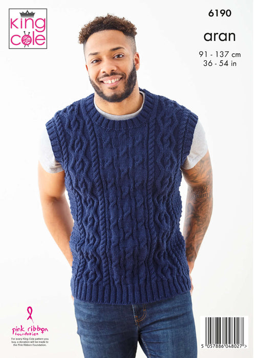 King Cole 6190 Aran Knitting Pattern - Men's Sweater, Slipover & Hat