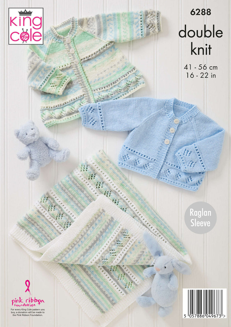 King Cole 6288 Double Knitting Pattern - Baby Jacket, Cardigan & Blanket (16-22in)