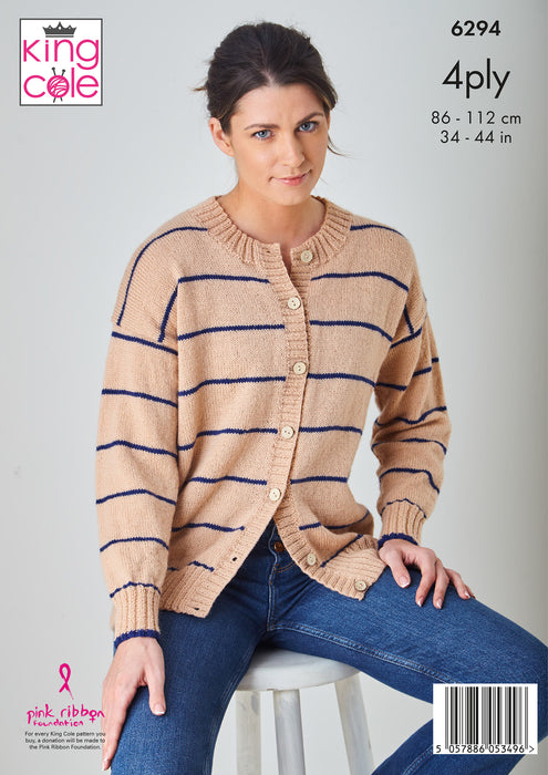 King Cole 6294 4ply Knitting Pattern - Ladies Cardigan & Slipover (34-44in)