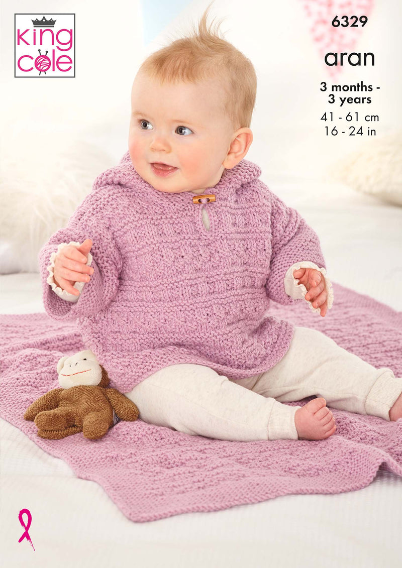 King Cole 6329 Aran Baby Knitting Pattern - Jacket, Hat, Hooded Top & Blanket  (3mnths-3 yrs)