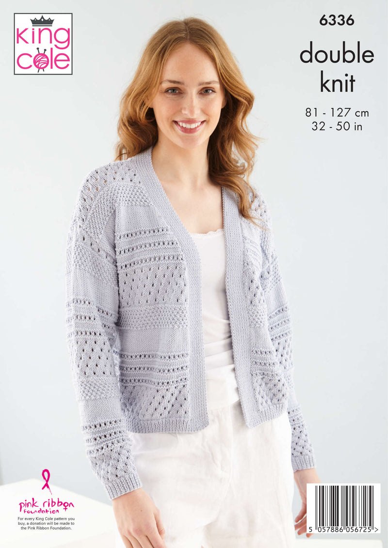 King Cole 6336 Double Knitting Pattern - Ladies DK Cotton Cardigan & Sweater