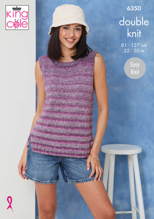 King Cole 6350 Double Knitting Pattern - Ladies DK Round and V Neck Tops (32-50in)