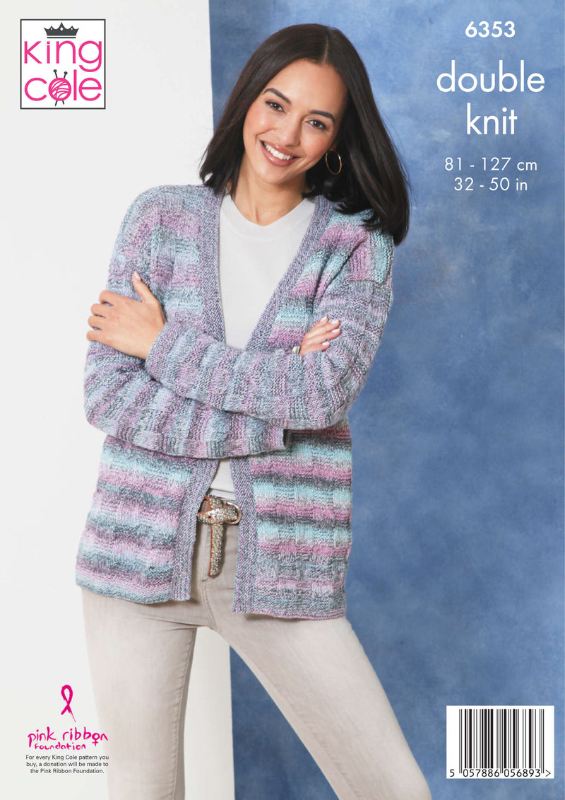 King Cole 6353 Double Knitting Pattern - Ladies DK Cardigans (32-50in)