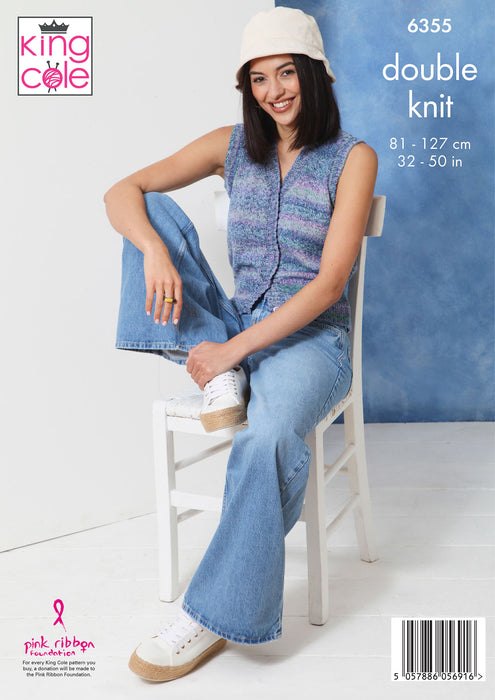 King Cole 6355 Double Knitting Pattern - Ladies DK Cardigan & Waistcoat (32-50in)