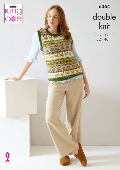 King Cole 6364 Double Knitting Pattern - DK Ladies Fair Isle Sweater and Tank Top (32-46 in)