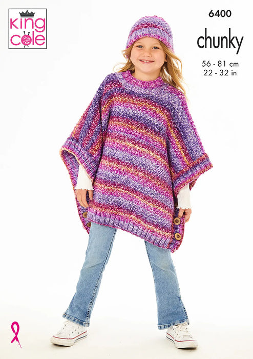 King Cole 6400 Chunky Knitting Pattern - Girls Poncho, Slipover & Hats