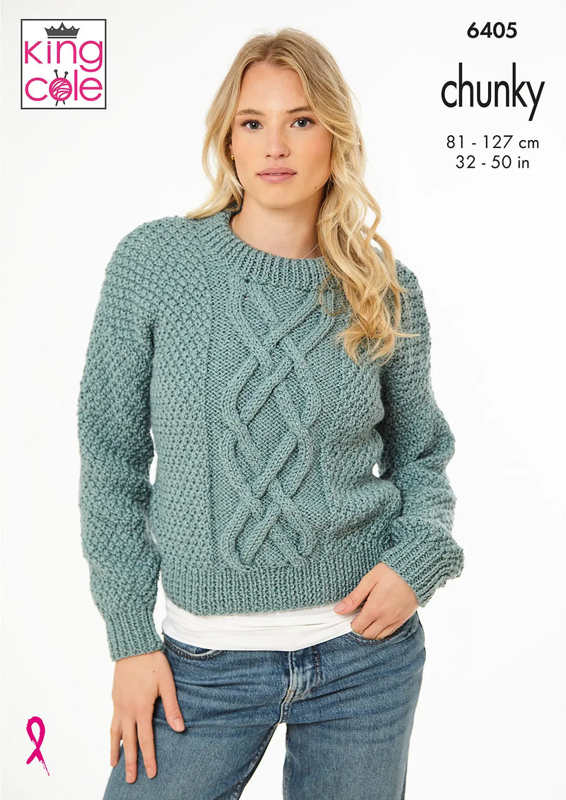 King Cole 6405 Chunky Knitting Pattern - Ladies Sweater & Waistcoat (32-50in)
