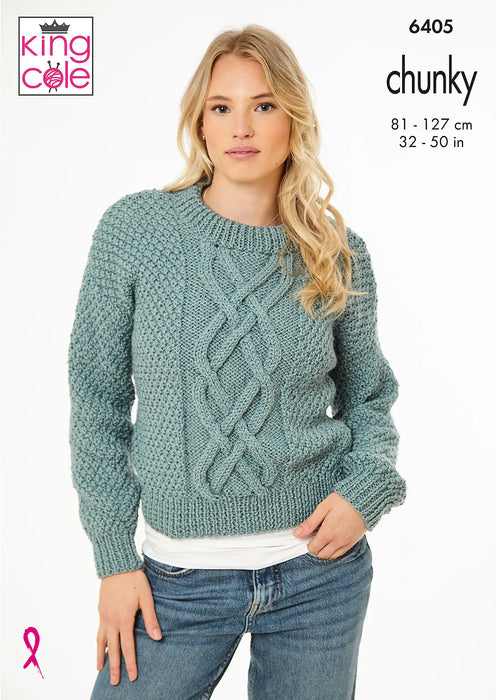 King Cole 6405 Chunky Knitting Pattern - Ladies Sweater & Waistcoat (32-50in)