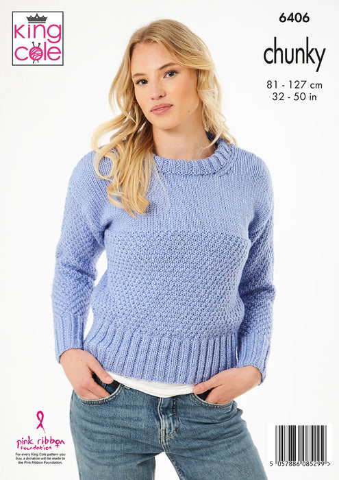King Cole 6406 Chunky Knitting Pattern - Ladies Slipover & Sweater (32-50in)