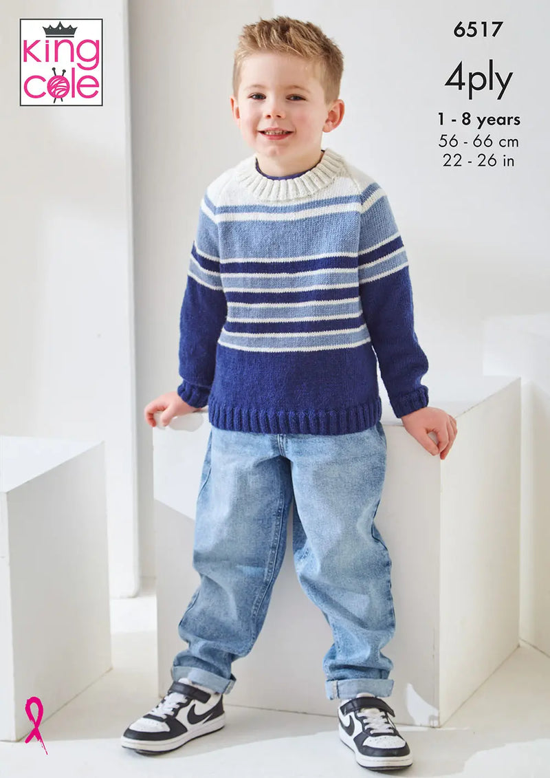 King Cole 6517 Knitting Pattern – Children's Sweater & Cardigan in 4 Ply (22-26in)