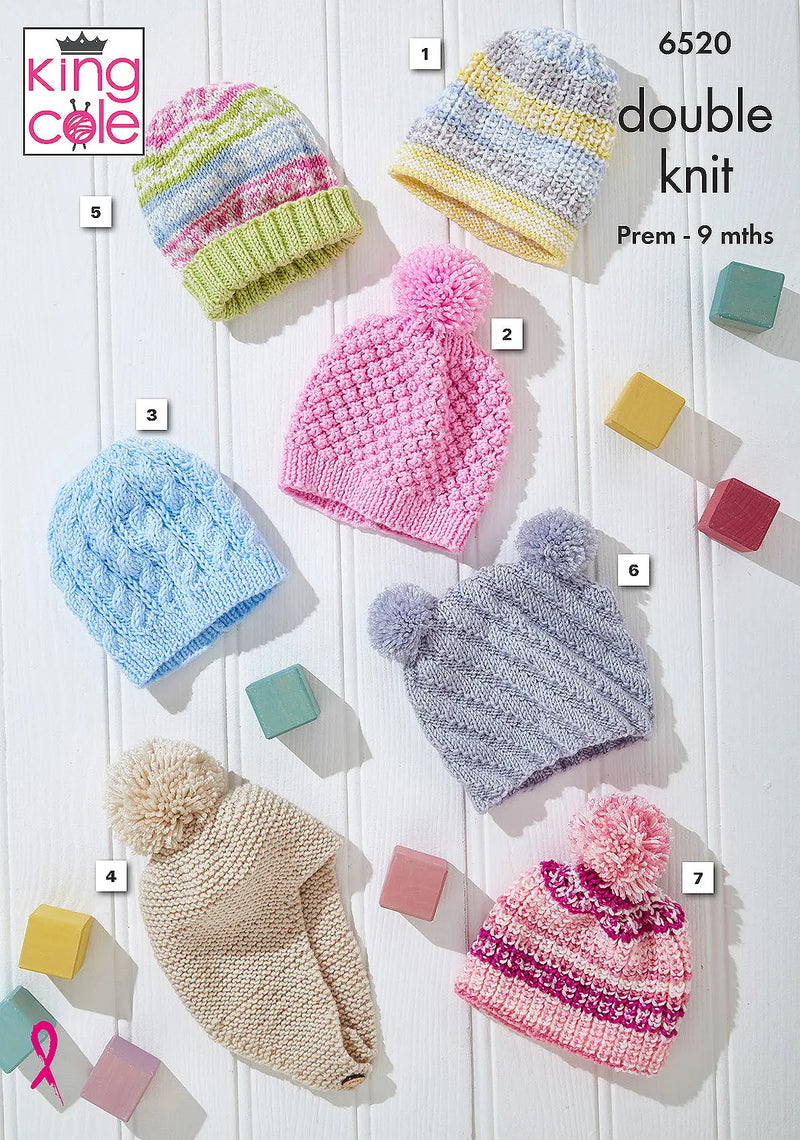 King Cole 6520 Baby Hats DK Knitting Pattern (Premature–9 Months)