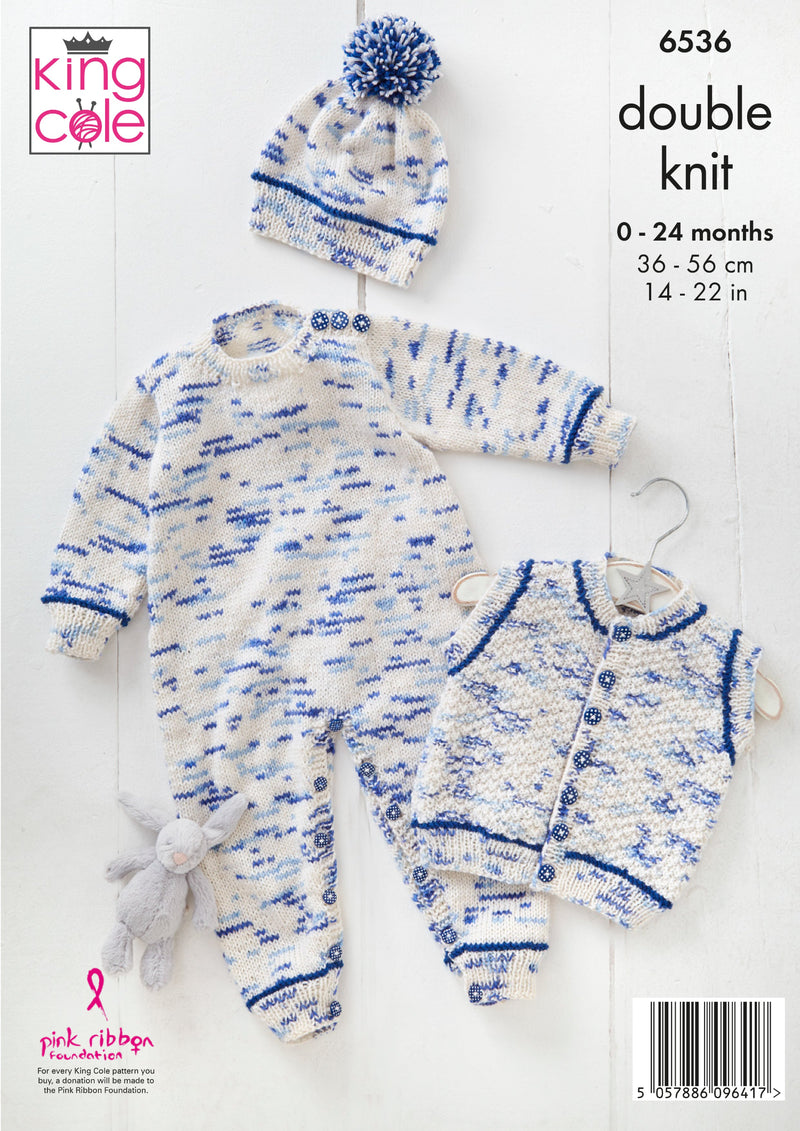 King Cole 6536 Baby Onesie, Sweater, Waistcoat, Hat & Trousers DK Knitting Pattern (0–24 Months)