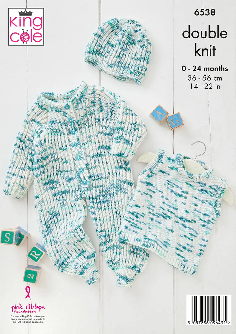 King Cole 6538 Baby Sweater, Sweater Vest, Onesie, Trousers & Hat DK Knitting Pattern (0–24 Months)