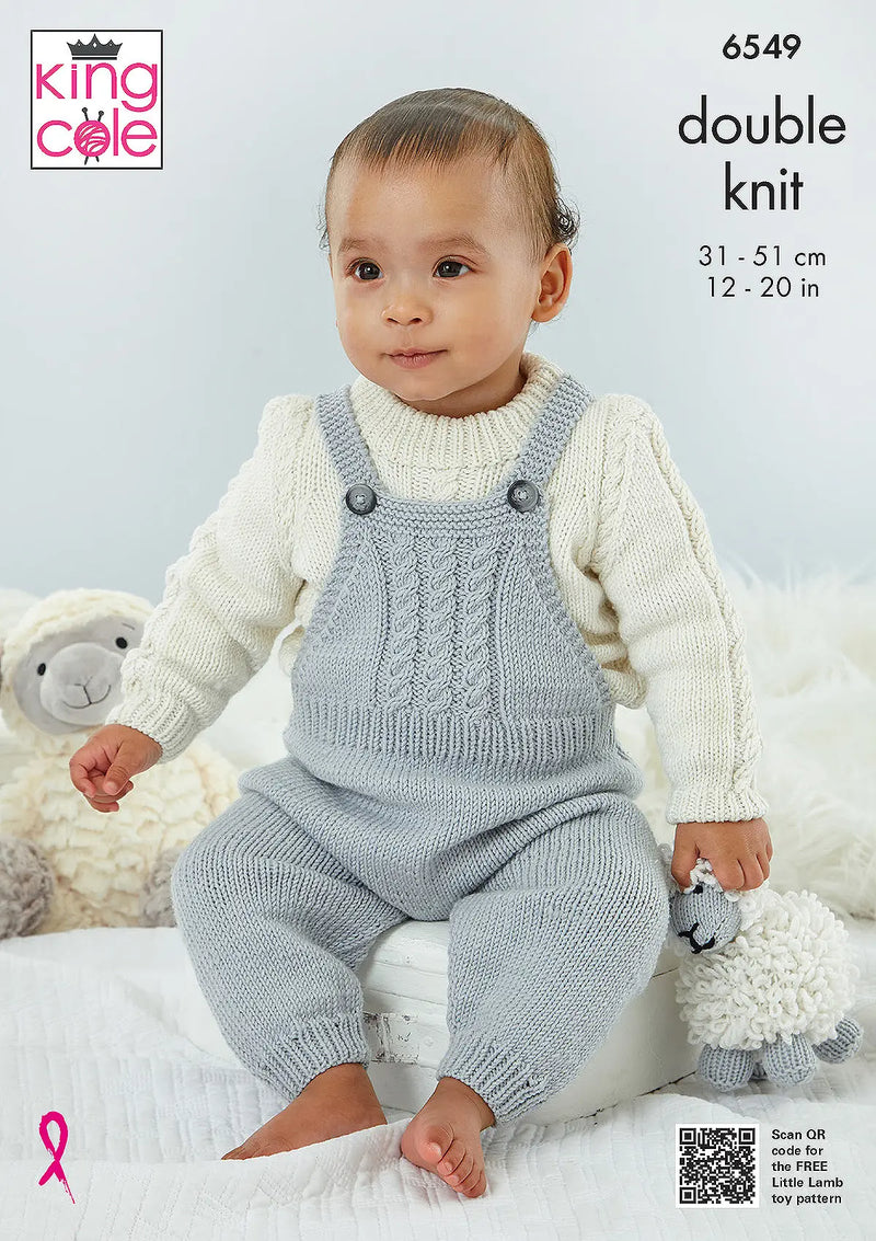 King Cole 6549 Knitting Pattern for DK Baby Dungarees, Pinafore, Sweater, Cardigan & Bootees (12-20in)