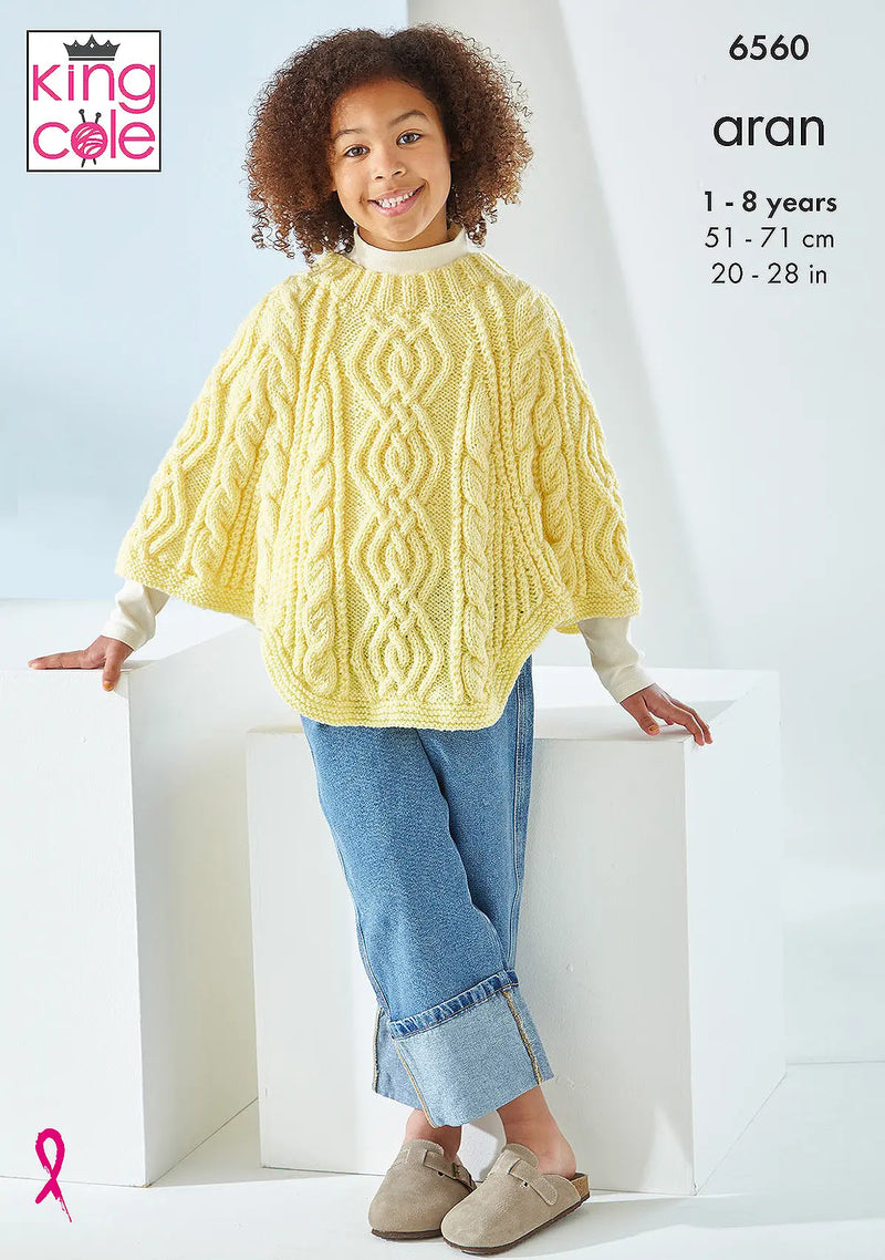 King Cole 6560 Children's Cable Poncho & Tabard Knitting Pattern Aran (20-28in)
