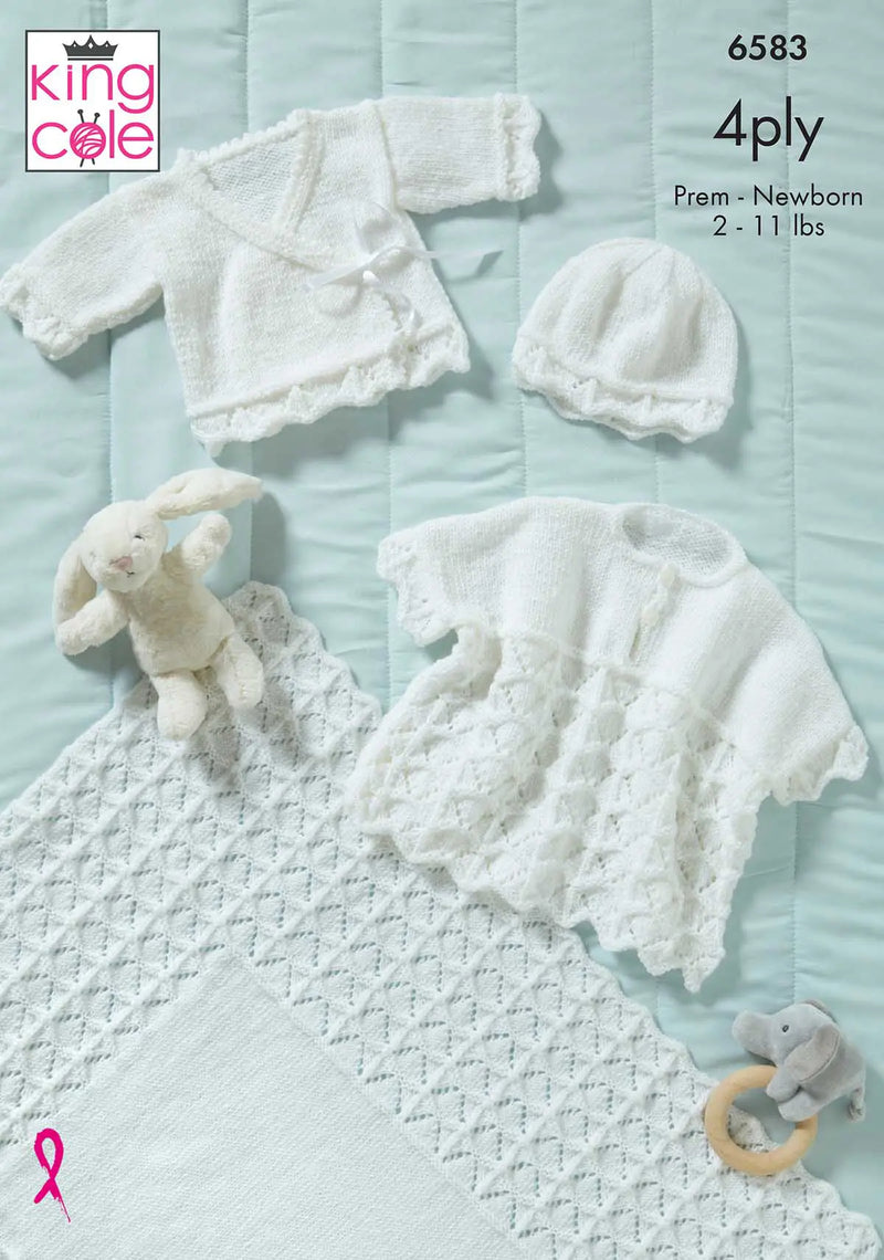 King Cole 6583 Premature Baby Cape, Cardigan, Hat & Shawl Knitting Pattern 4ply (2-11lbs)