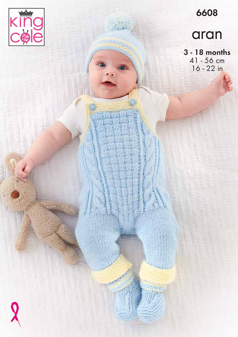 King Cole 6608 Baby Hooded Jacket, Dungarees, Hat & Booties Aran Knitting Pattern (16-22in)