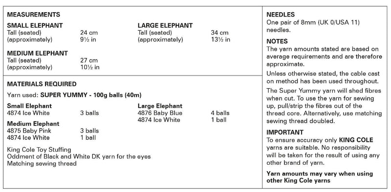 King Cole 9185 Knitting Pattern - Elephant Toys Knitted in Super Yummy