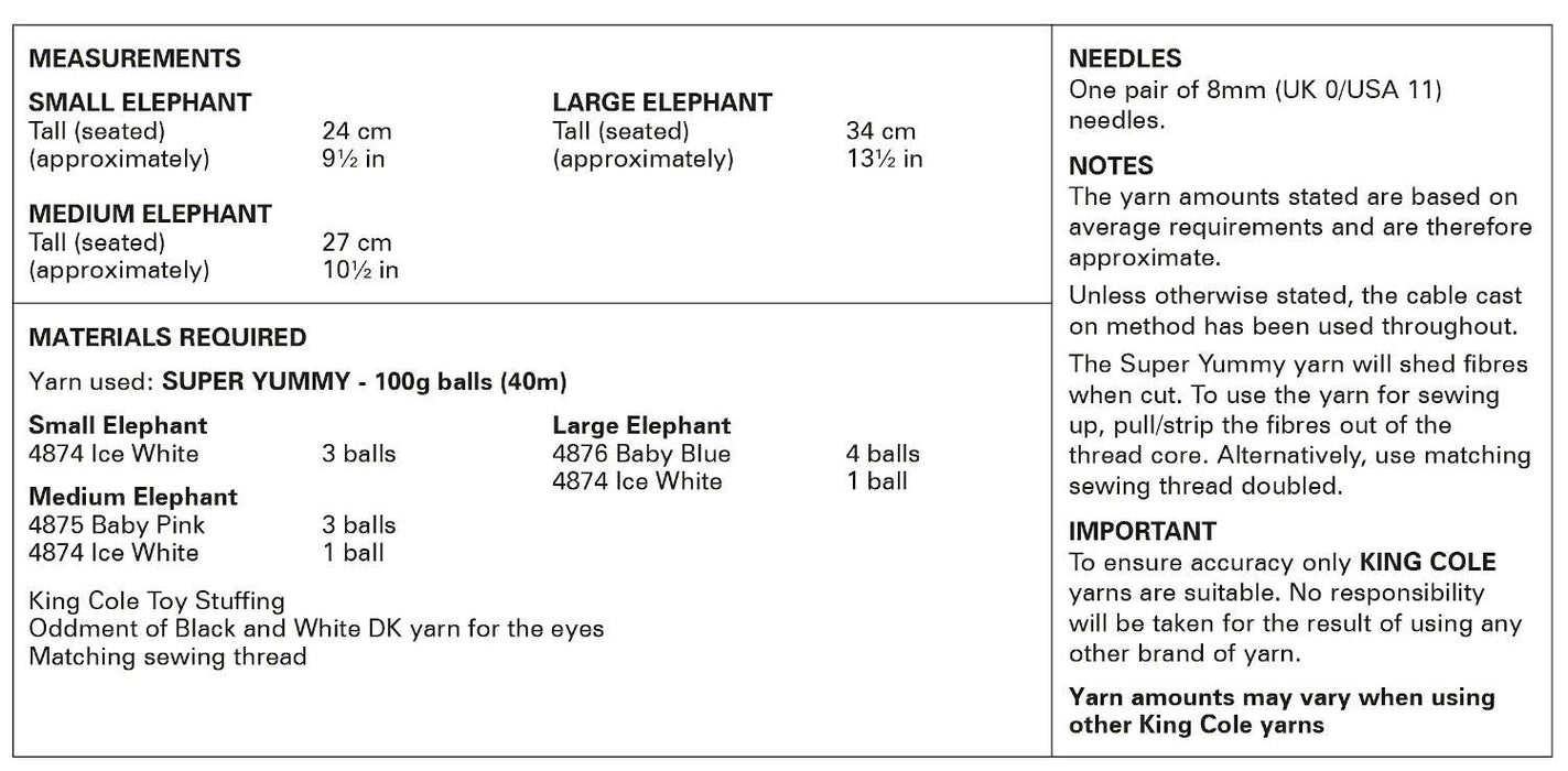 King Cole 9185 Knitting Pattern - Elephant Toys Knitted in Super Yummy