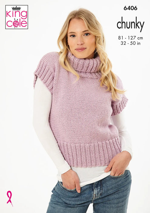 King Cole 6406 Chunky Knitting Pattern - Ladies Slipover & Sweater (32-50in)