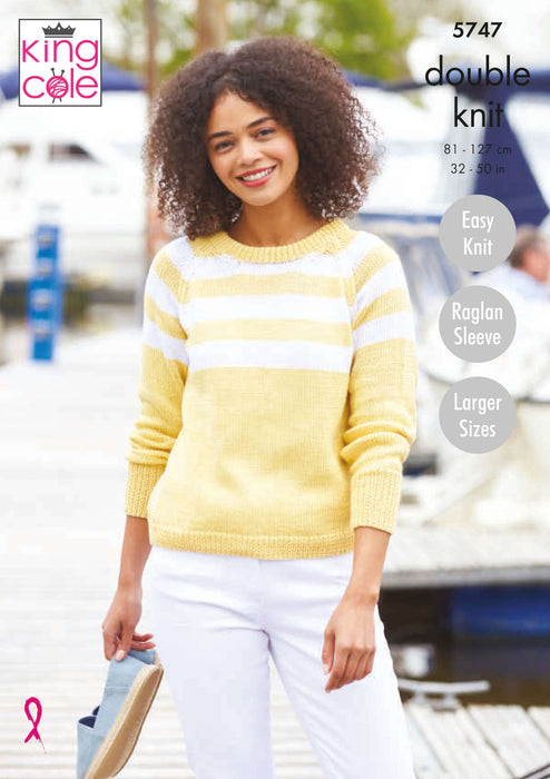 King Cole 5747 Double Knitting Pattern - Cotton DK Sweater & Cardigan for Ladies