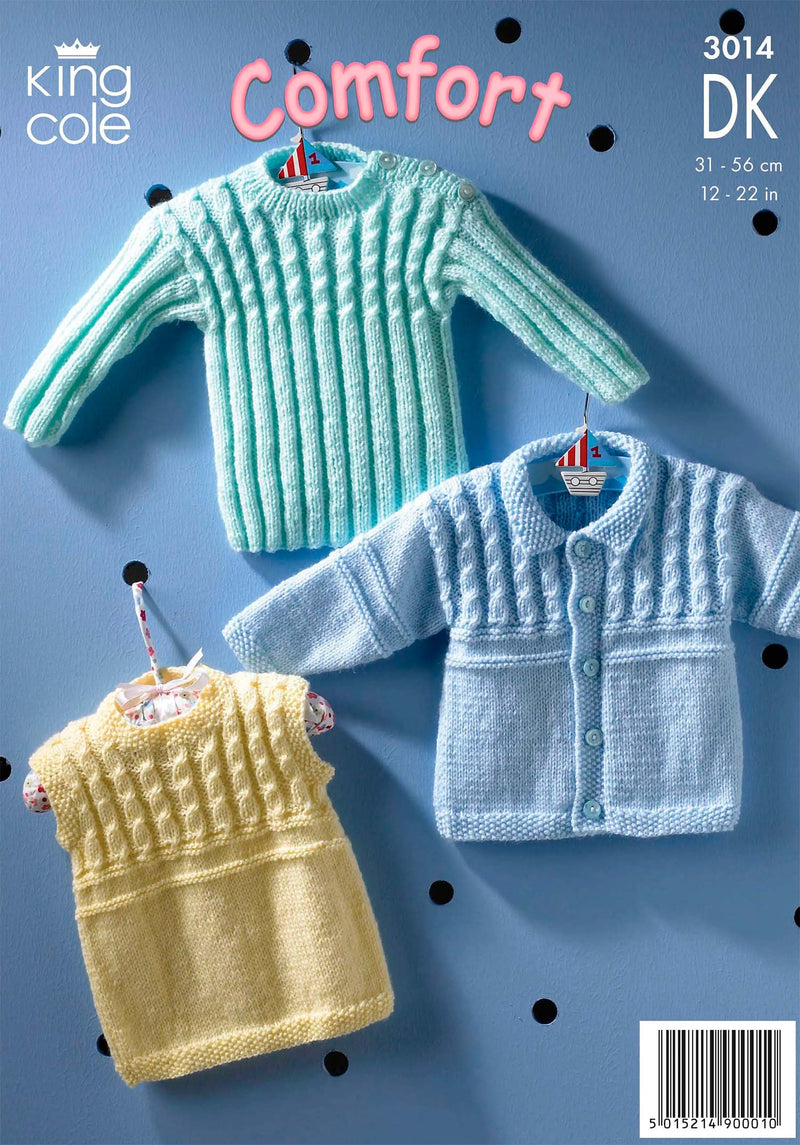 King Cole 3014 DK Knitting Pattern - Baby Sweater, Jacket and Slipover (Prem - 2 years)