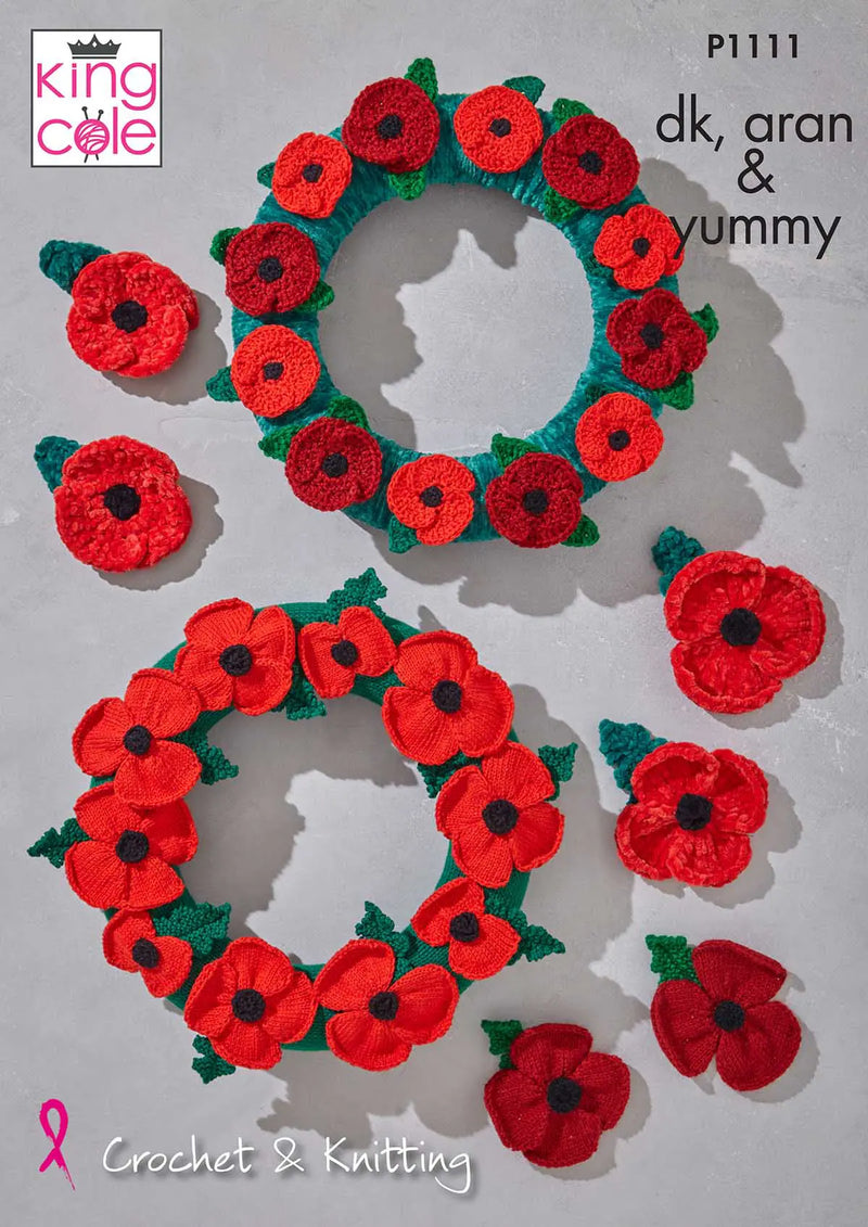 King Cole P1111 Poppy Wreaths Knitting & Crochet Pattern for DK Aran Yummy