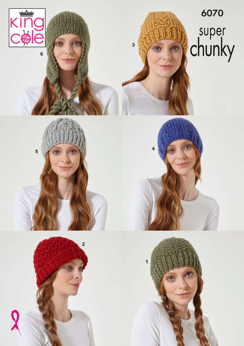 King Cole 6070 Knitting Pattern for Easy Knit Super Chunky Hats