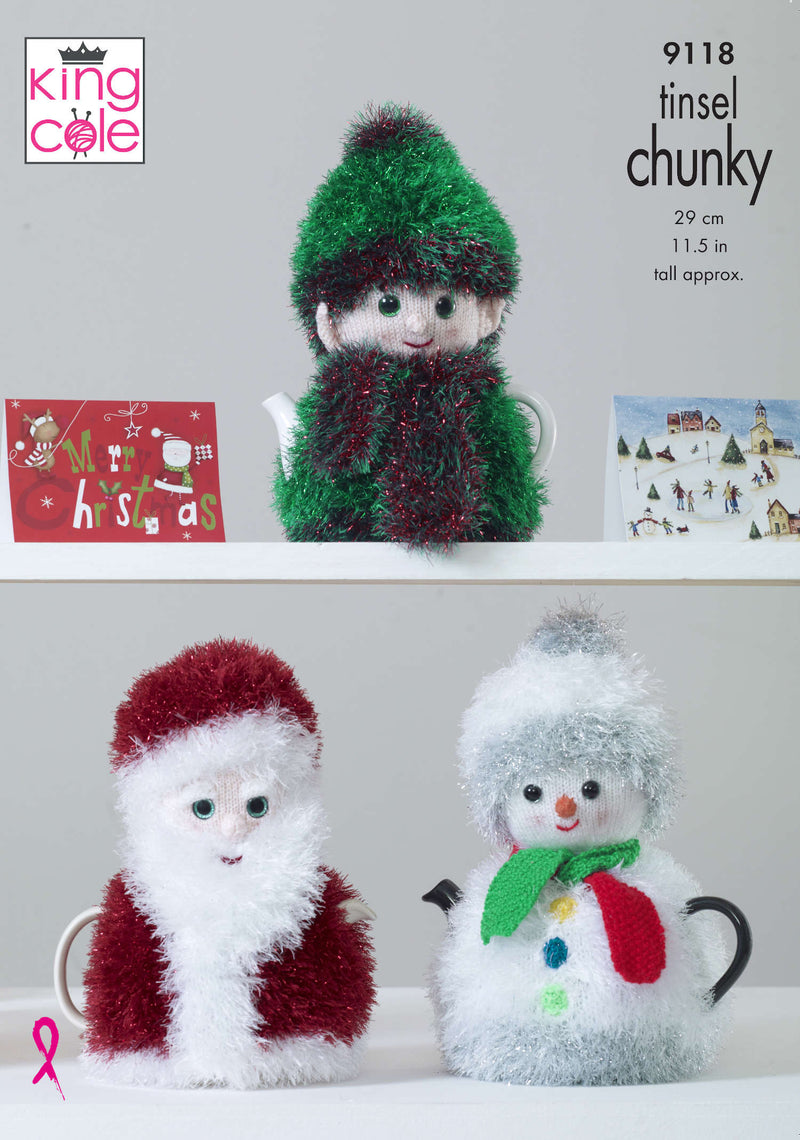 King Cole 9118 Christmas Knitting Pattern - Tea Cosies using Tinsel Chunky (Discontinued)