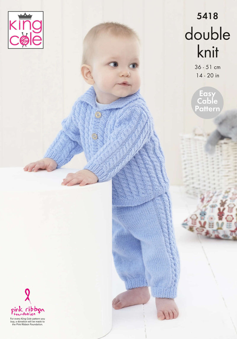 King Cole 5418 DK Knitting Pattern - Easy Cable - Baby Jacket & Trousers (14-20 in)