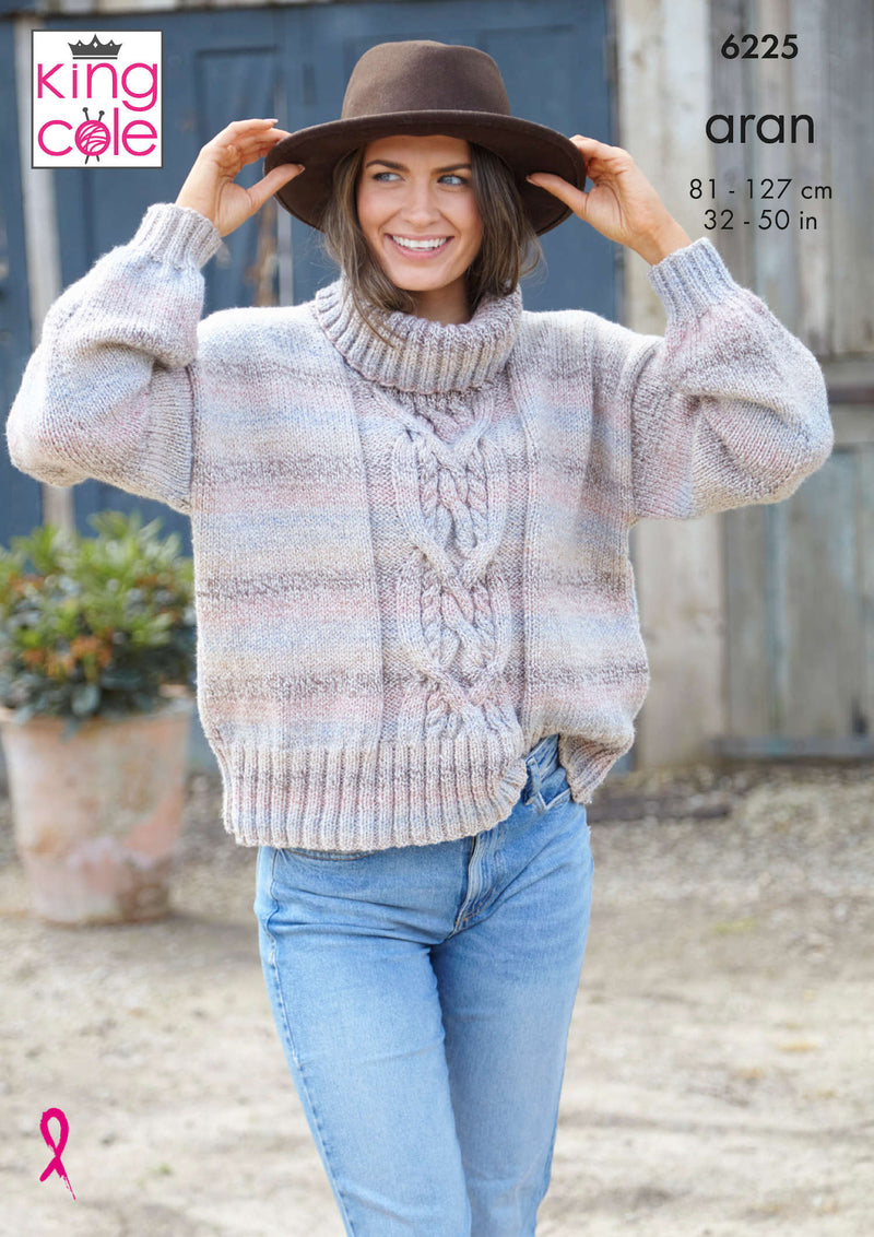 King Cole 6225 Aran Knitting Pattern - Ladies Sweaters (32-50in)