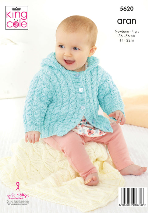 King Cole 5620 Aran Baby Knitting Pattern - Jackets, Hats & Pram Blanket  (0-4 yrs)