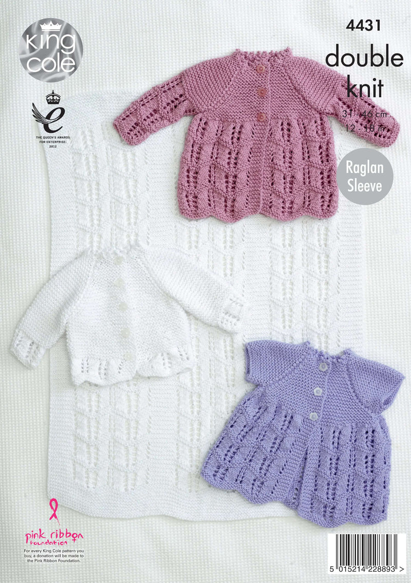 King Cole 4431 DK Baby Knitting Pattern - Matinee Coats, Cardigan & Blanket (Prem to 9 Mnths)