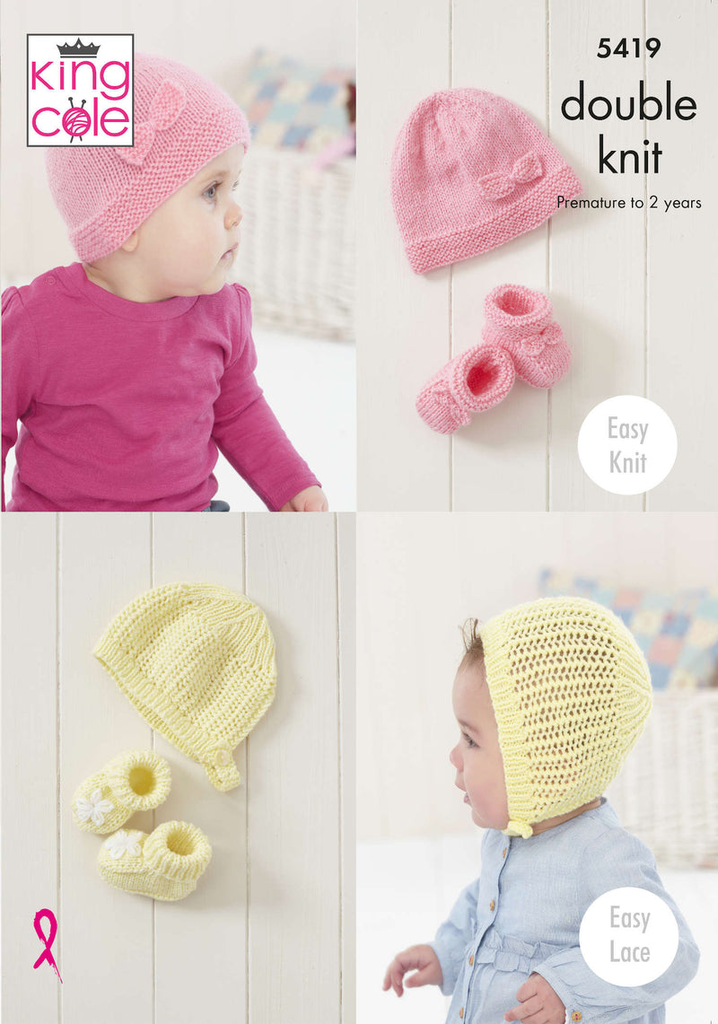 King Cole 5419 Baby DK Knitting Pattern for Hat & Bootee Sets (Prem to 2 years)