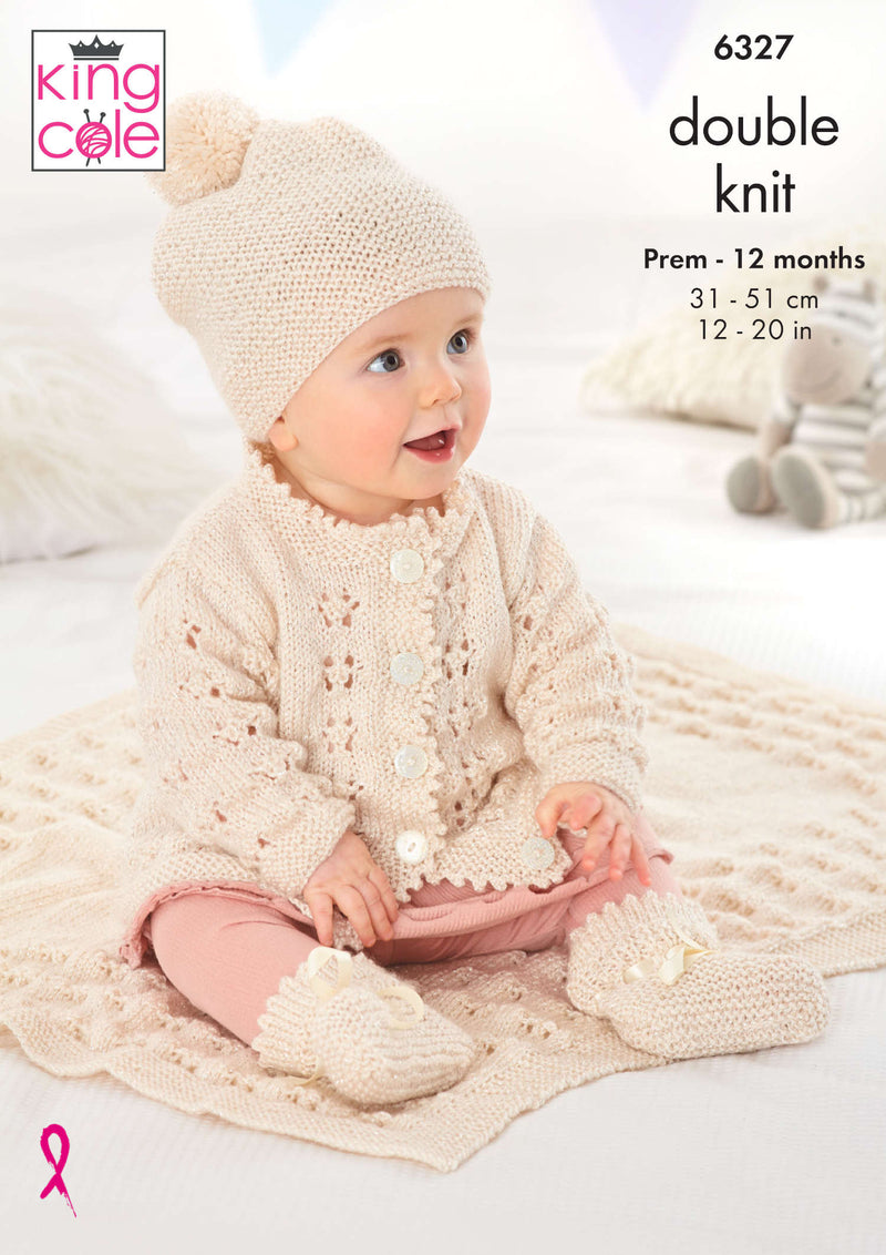 King Cole 6327 Double Knitting Pattern - Baby Matinee Coat, Cardigan, Hats, Bootees & Blanket (Prem - 12mnths)