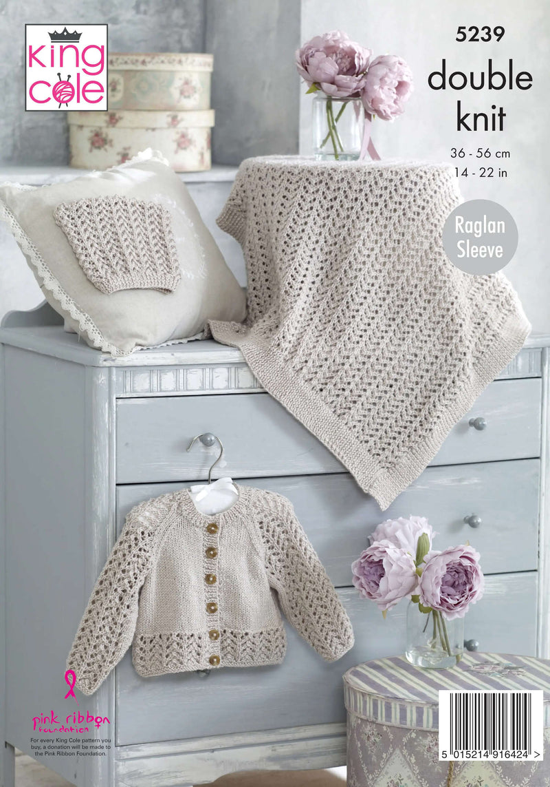 King Cole 5239 DK Knitting Pattern - Baby Raglan Cardigan, Blanket & Hat (14-22in)